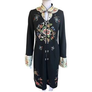 Lucky Brand Wool Embroidered Coat Womens M Black Floral Frog Closure Boho